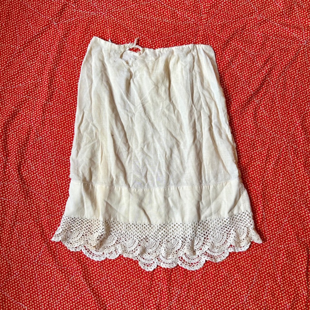 Vintage Antique 1800s White Cotton Half Slip Skirt Crochet Lace Trim Distressed
